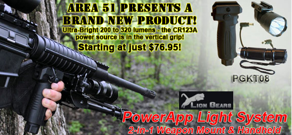 PowerApp Weapon Light System from Lion Gears - this new innovative system features either a 200 or 320 lumen CREE LED light source and stores the 2 CR123A battery power source in the included ergonomic vertical grip! From just $76.95